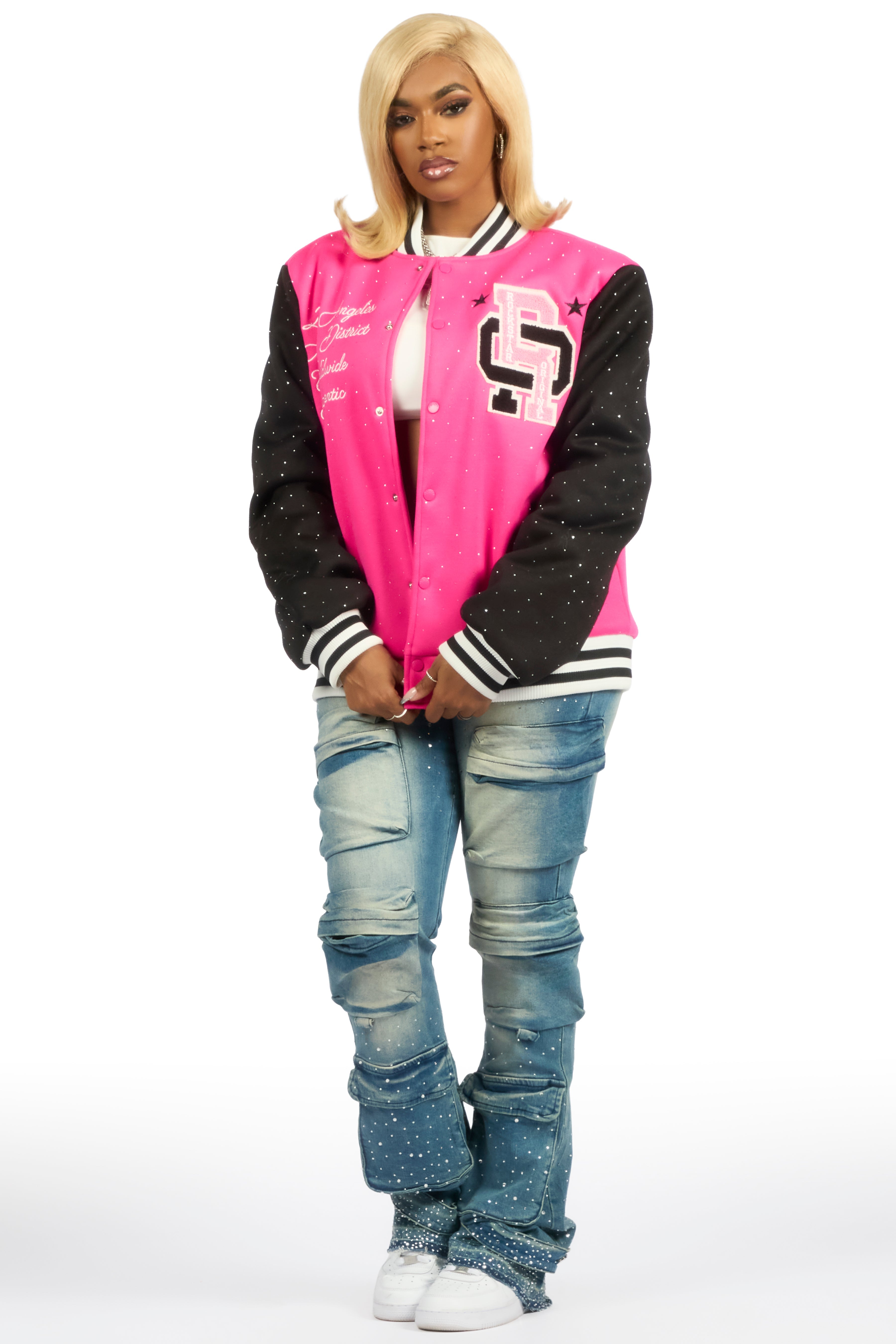 Ranesha Hot Pink/Black Rhinestone Varsity Jacket