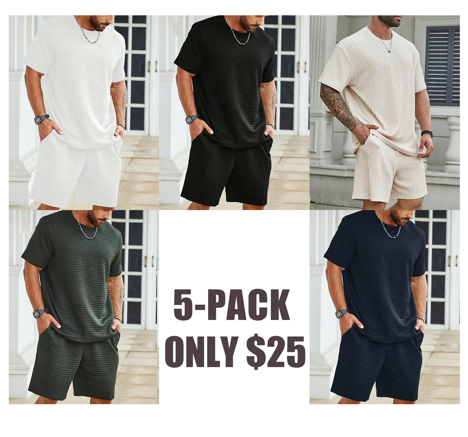 Plus Size Men's Summer 2-Piece Set – Waffle Knit Tee & Pocket Shorts | Casual Regular Fit Outfit