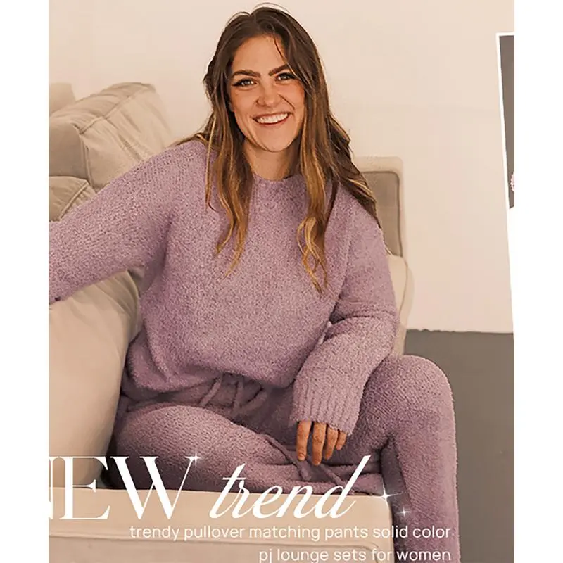 Women Fuzzy Fleece Long Sleeve Pajama Loungewear Set