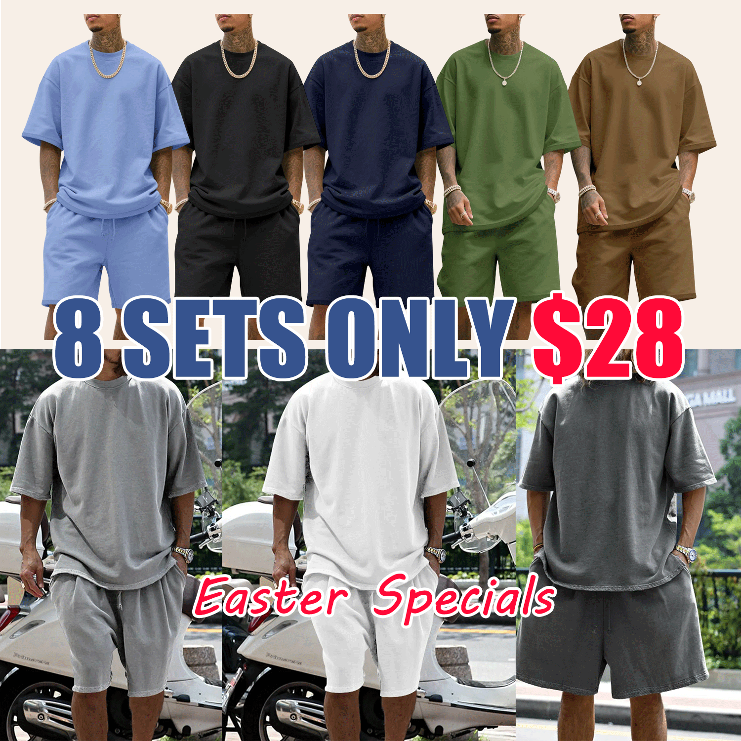 💥Easter Sale!Men's Summer Casual Set, Pure Color Round Neck Short Sleeve Tee & Shorts