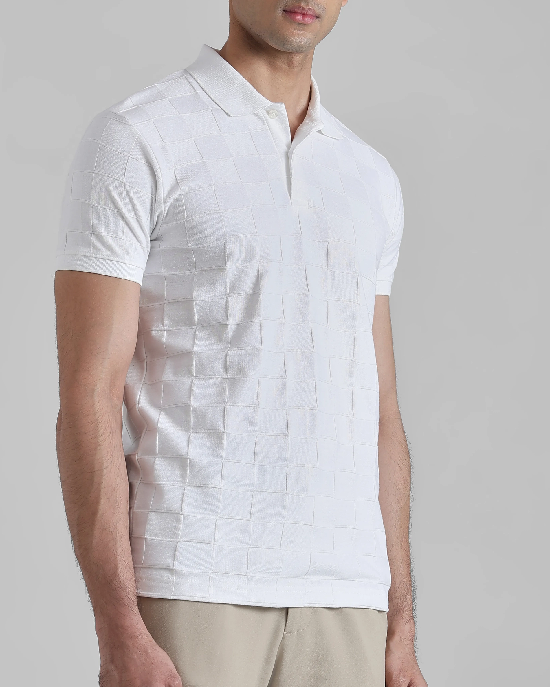 Casual Minimalist White Plaid Texture Polo Shirt