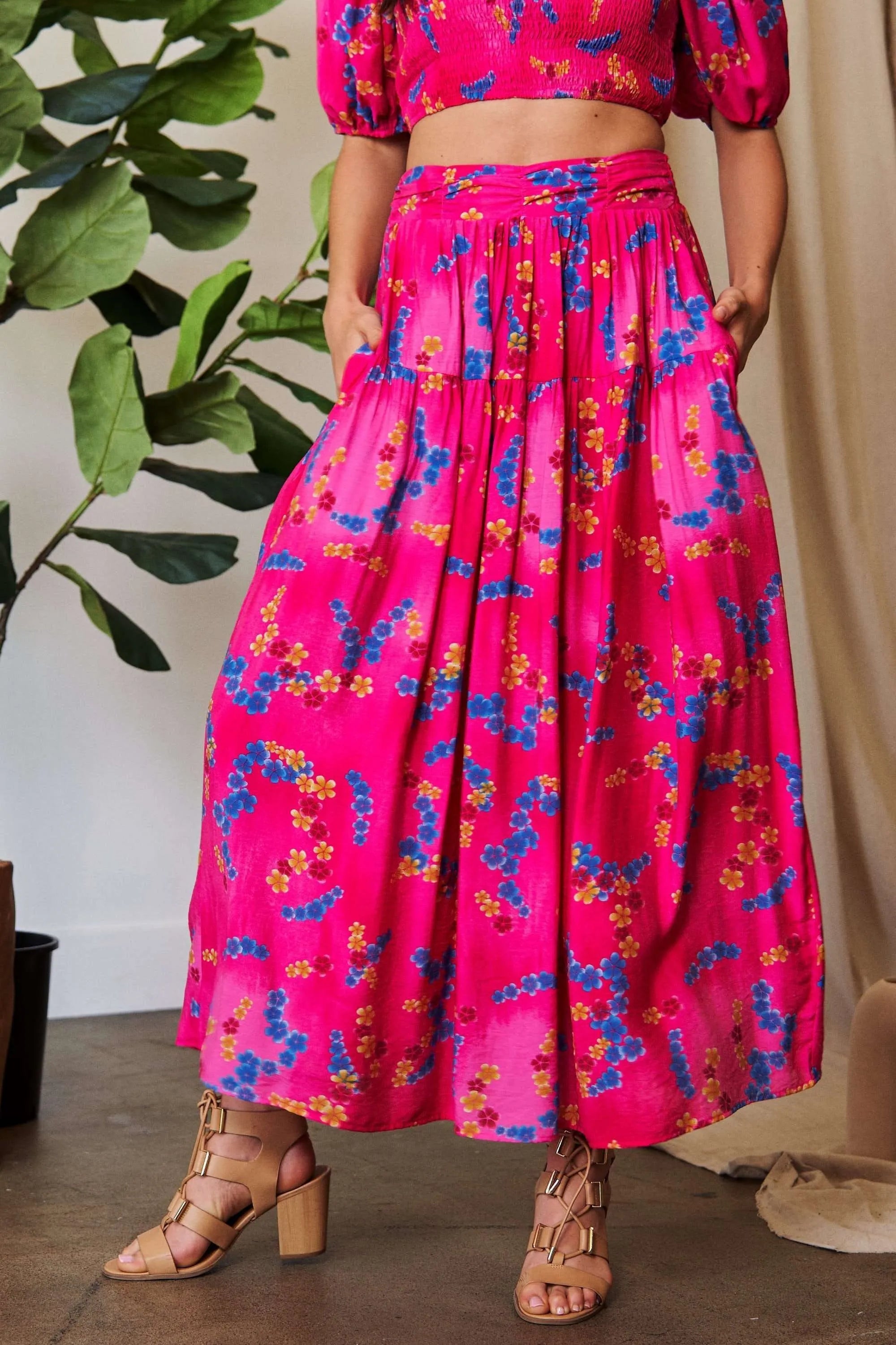 Printed Smocking Waistband Ruffled Maxi Skirt