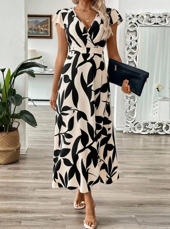 Printed Surplice Wrap Midi Dress