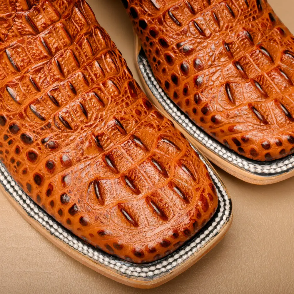 Cognac Caiman Neck Leather Boots - Square Toe