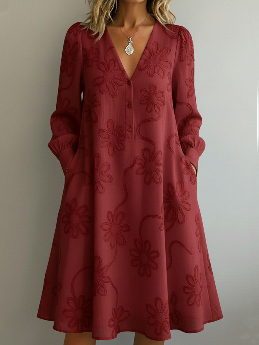 Vintage Elegant V-neck Floral Embroidery Dress