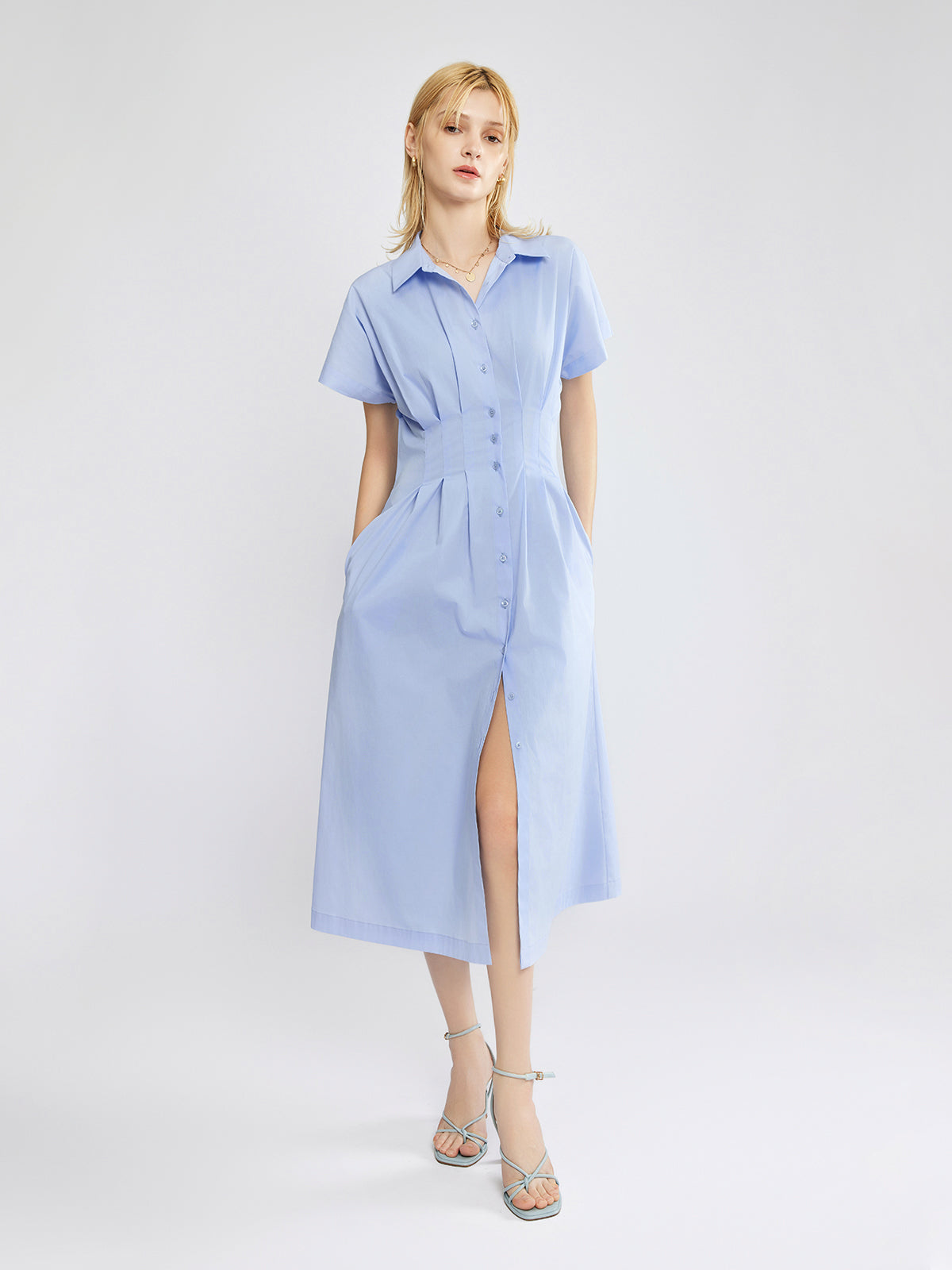 ASOBIO Button-Front Pleated Midi Shirt Dress