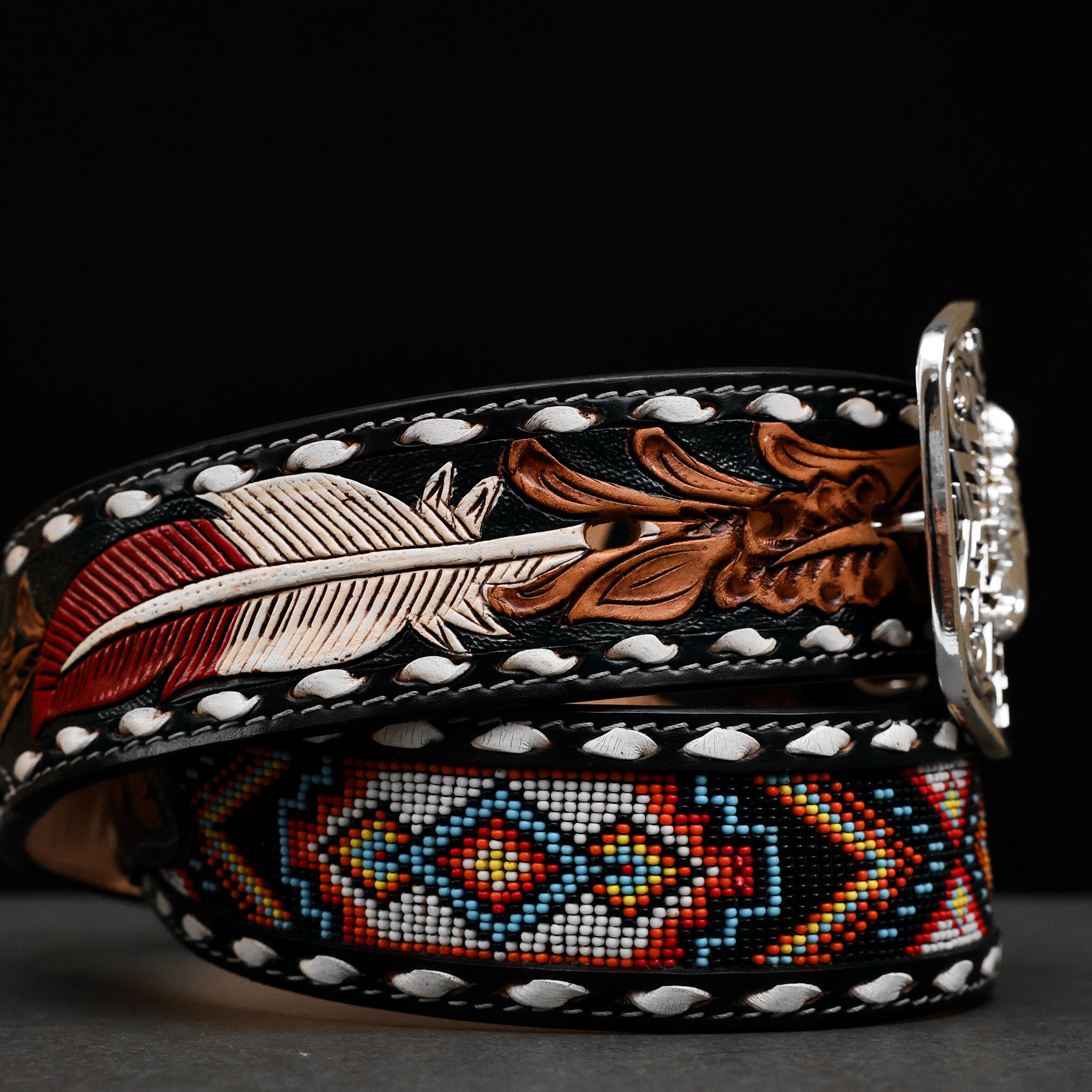 2 Inch Hand-Tooled Artesanal Beaded Leather Belt