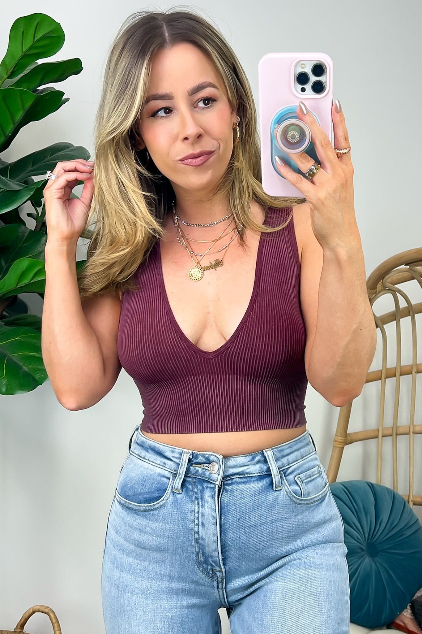 Mineral Wash V-Neck Seamless Bra Top