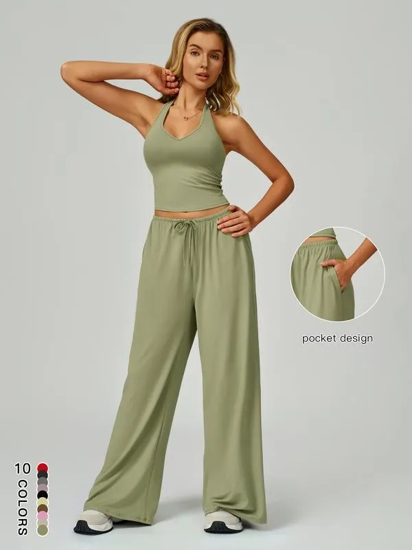 Women's Solid Crop Tank Top & Wide Leg Pants Set
