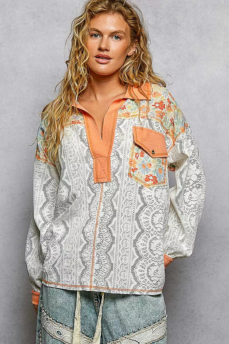 POL Floral Print Long Sleeve Lace Shirt with Front Pocket
