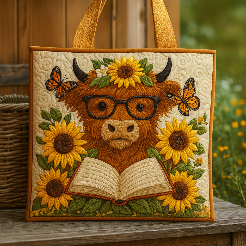 Sunlit Stories of the Meadow — 3D Highland Cow & Sunflower Quilted Tote Bag ✨