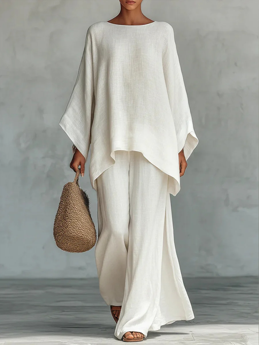 Women's Round Neck Long Sleeve Wide-leg Casual Irregular Hem Two-piece Pants Set