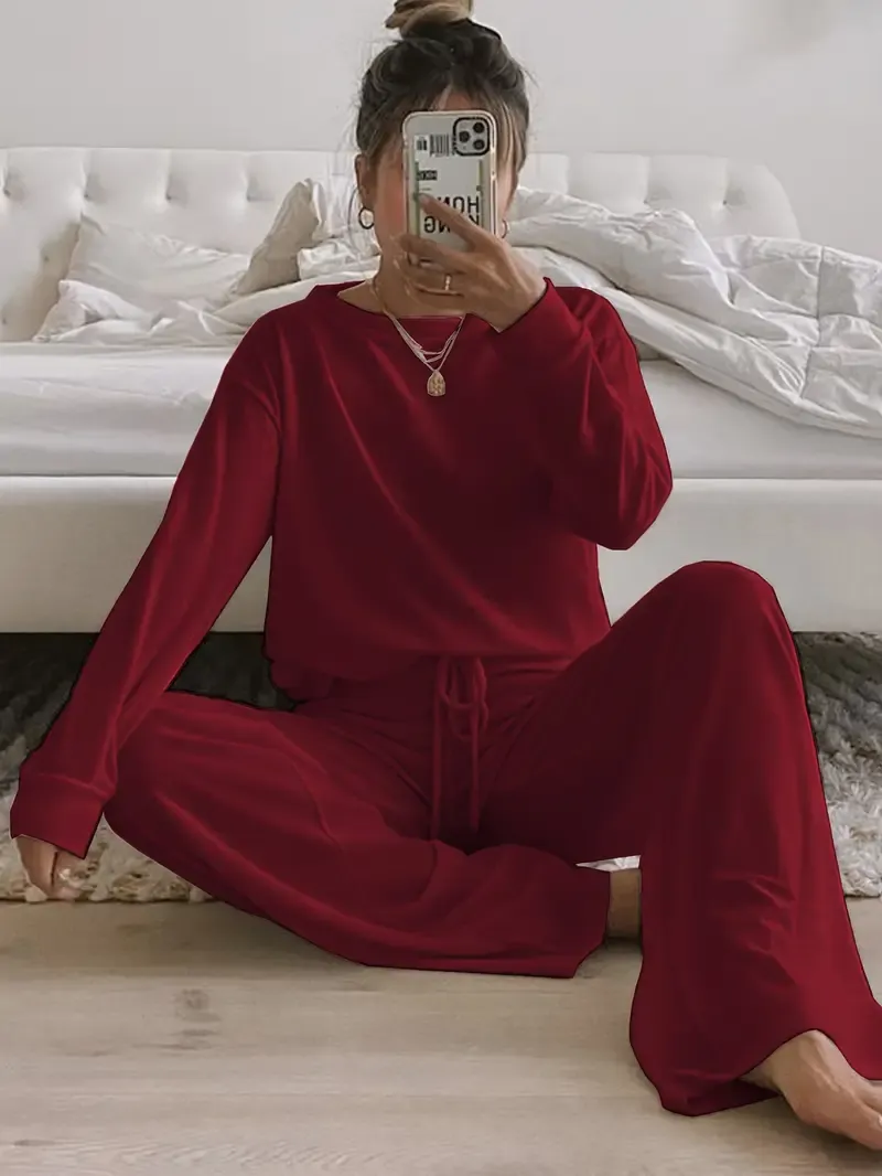 Women's Solid Casual Lounge Set, Long Sleeve Round Neck Top & Elastic Drawstring Pants, Comfortable Relaxed Fit For Fall