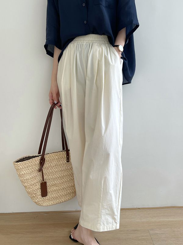 Elasticity Pleated Solid Color Split-Joint High Waisted Loose Trousers Pants