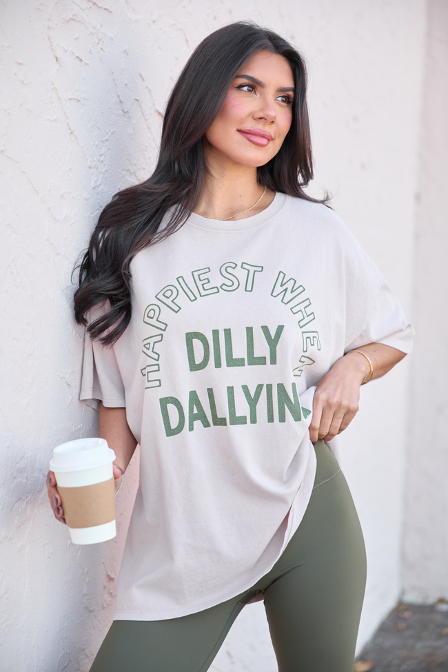 Happiest When Dilly Dallying Taupe Oversized Graphic Tee