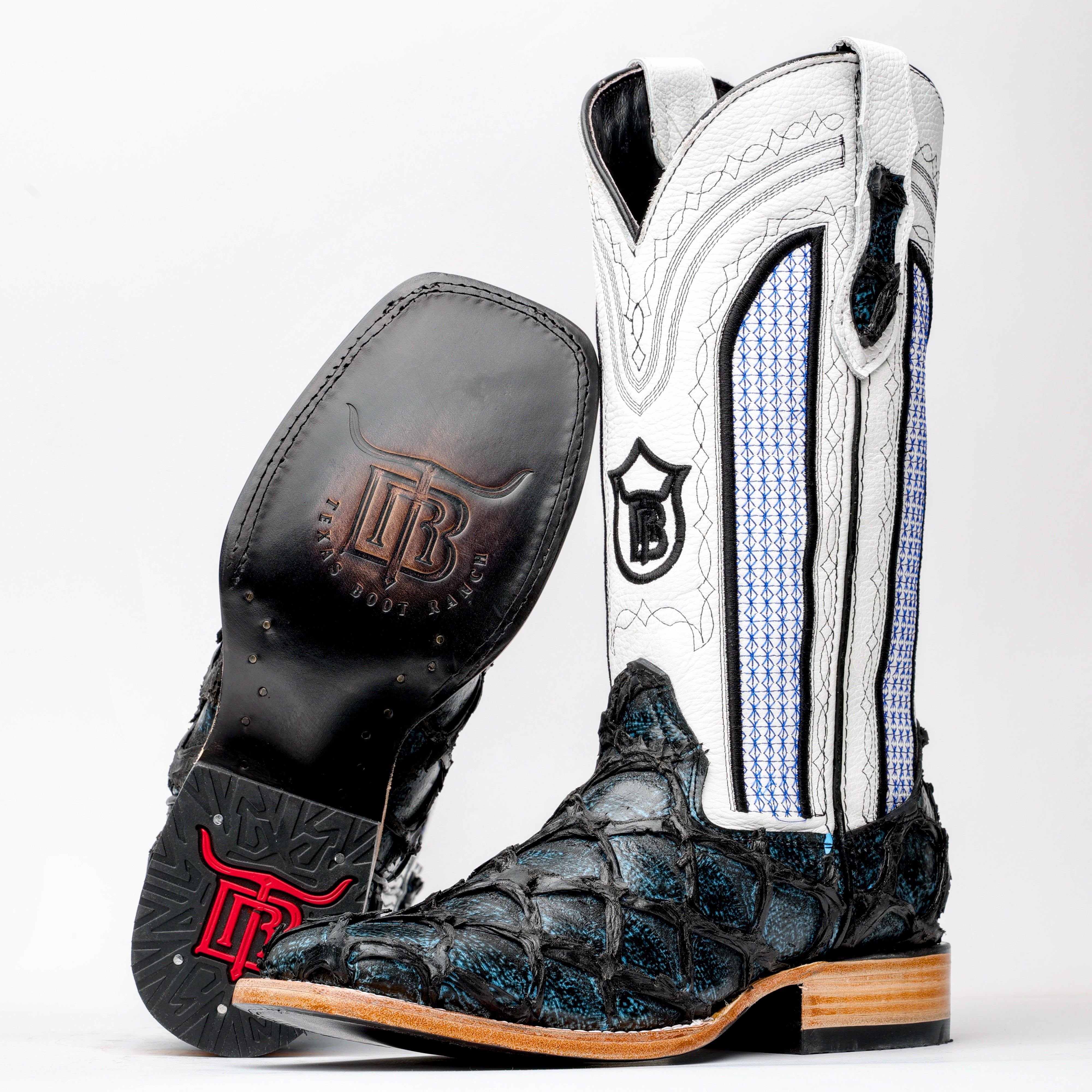 Midnight Blue Jumbo Pirarucu Leather Boots - Square Toe