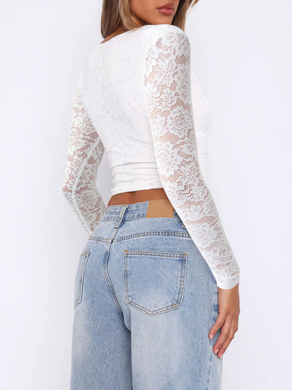 Deep V Hollow Sweet Spicy Style Lace Pullover Top