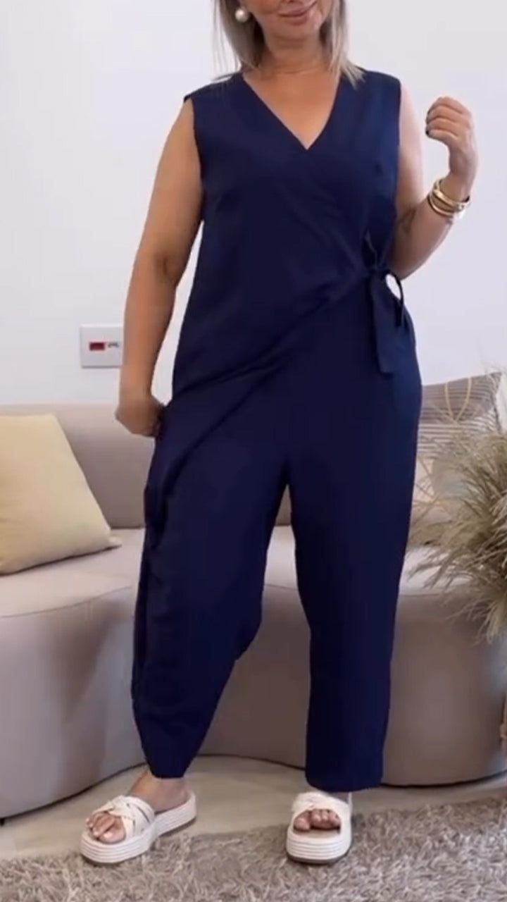 Women's Casual V-neck Cross Strap Jumpsuit