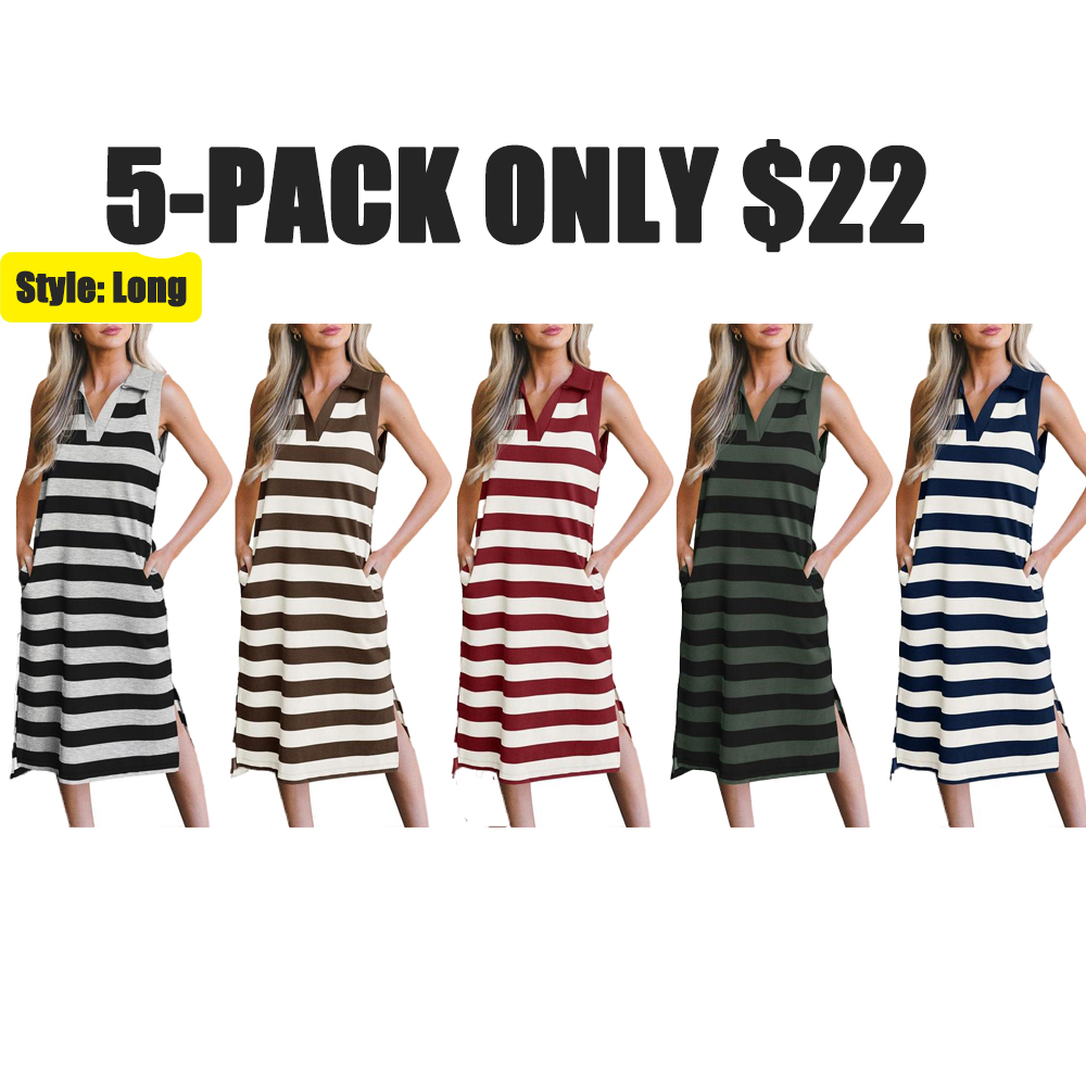 Women’s Striped Polo V-Neck Summer Dress – Sleeveless Loose Fit Midi T-Shirt Dress with Slit, Available in Long & Short Styles (Sizes S–5XL)