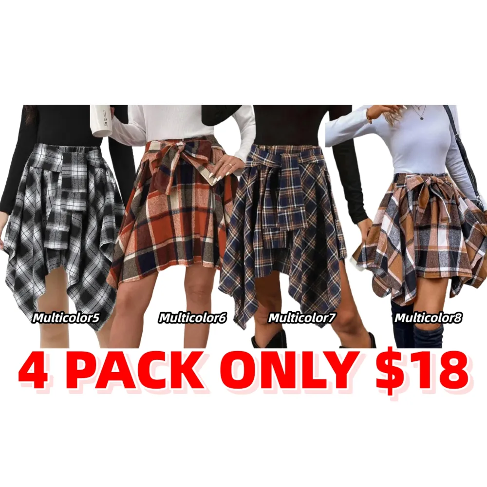 Women's Fashion Plaid Print Asymmetrical Hem High Waisted Skirt