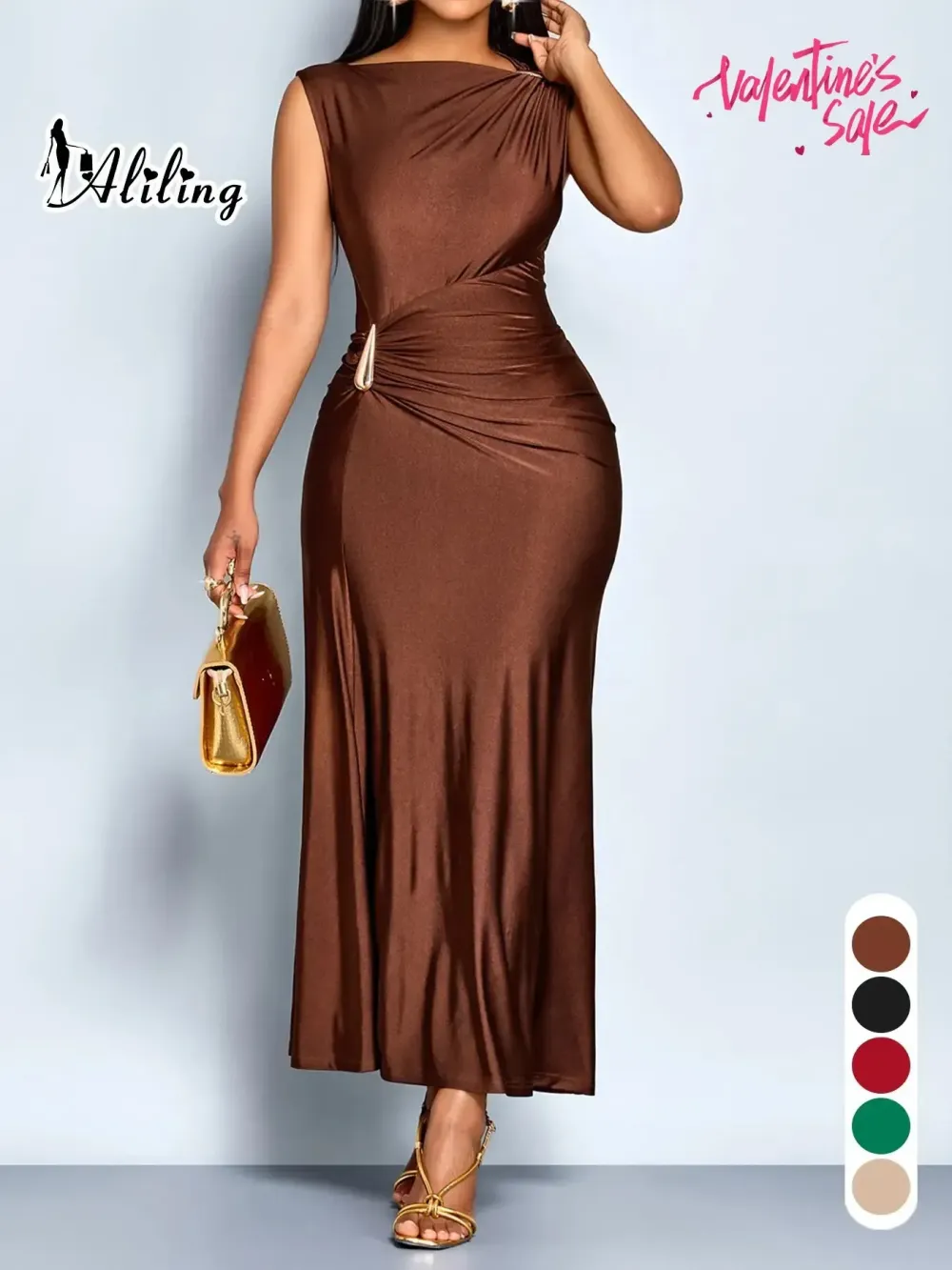 Aliling Elegant Chic Sleeveless Midi Dress for Women High Waist Folds Boat Neck Bodycon Fitted