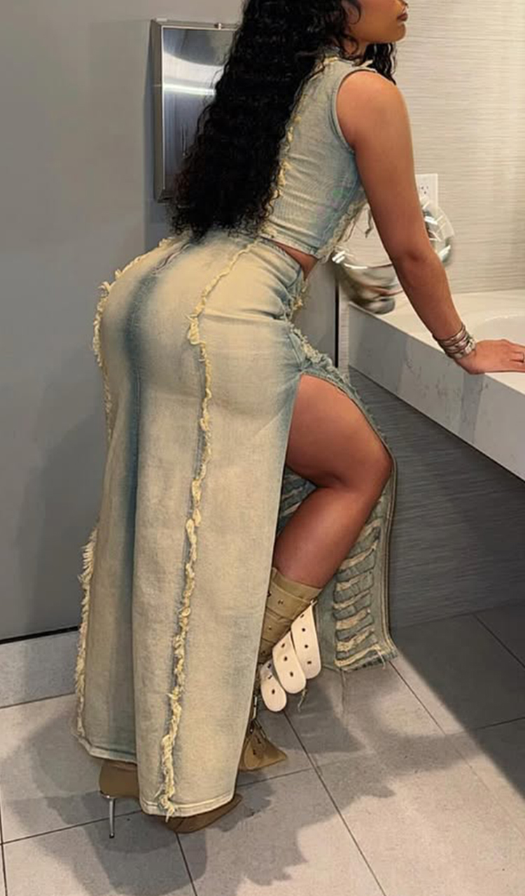 Women Round Neck Ripped Top+ Split Half Skirt Casual Denim Suit