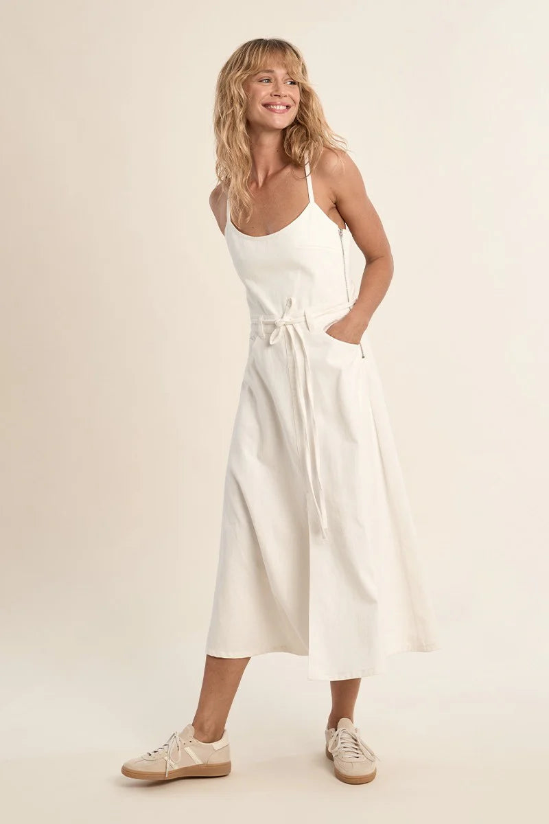 Tie Back Denim Dress in Off White
