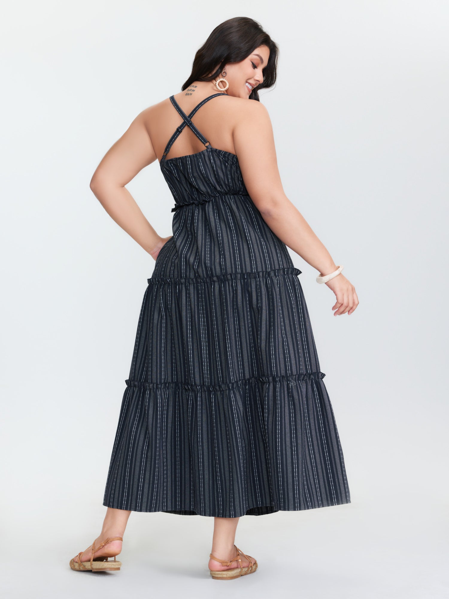 Striped Linen Blend Tiered Maxi Dress