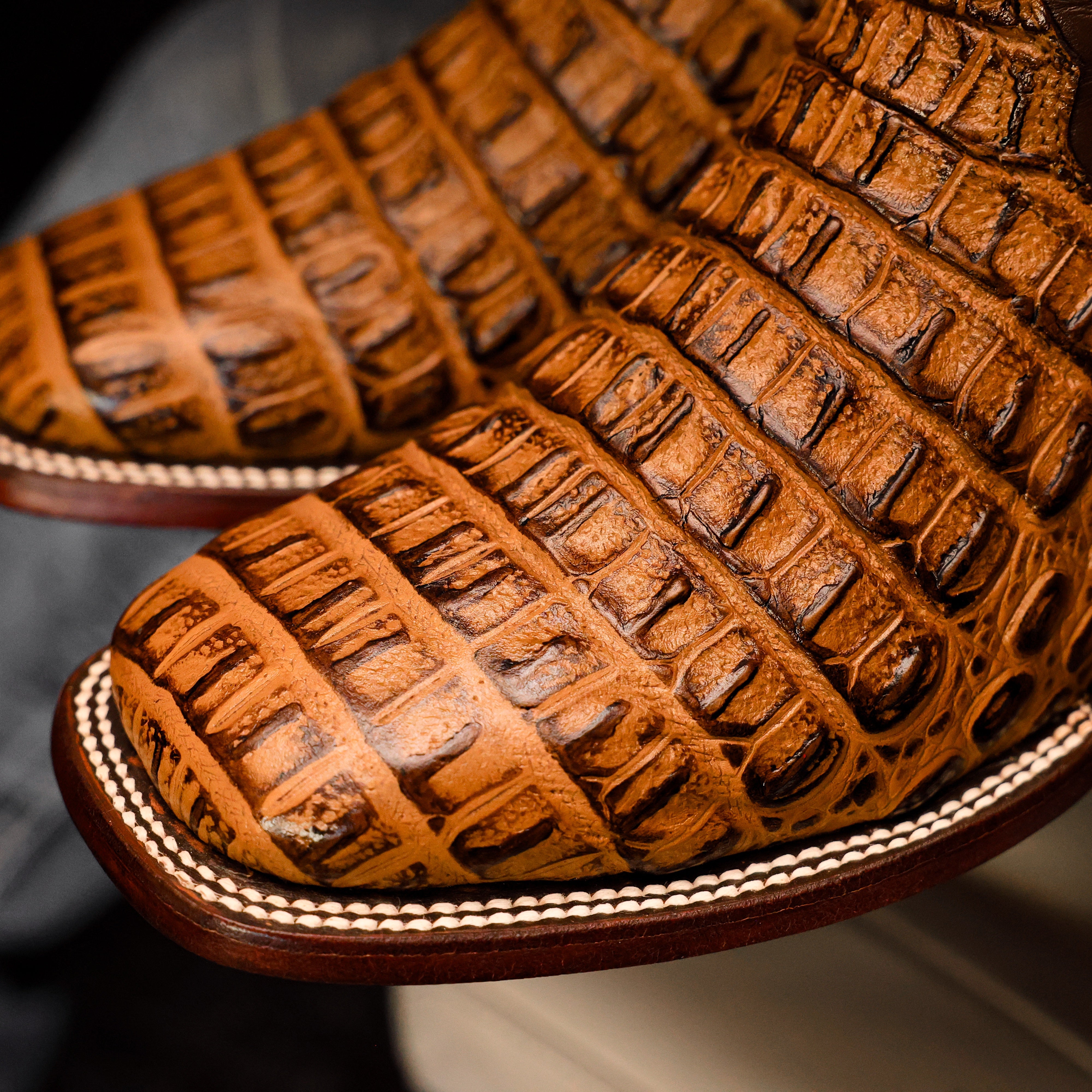 Honey Caiman Hornback Leather Boots - Square Toe