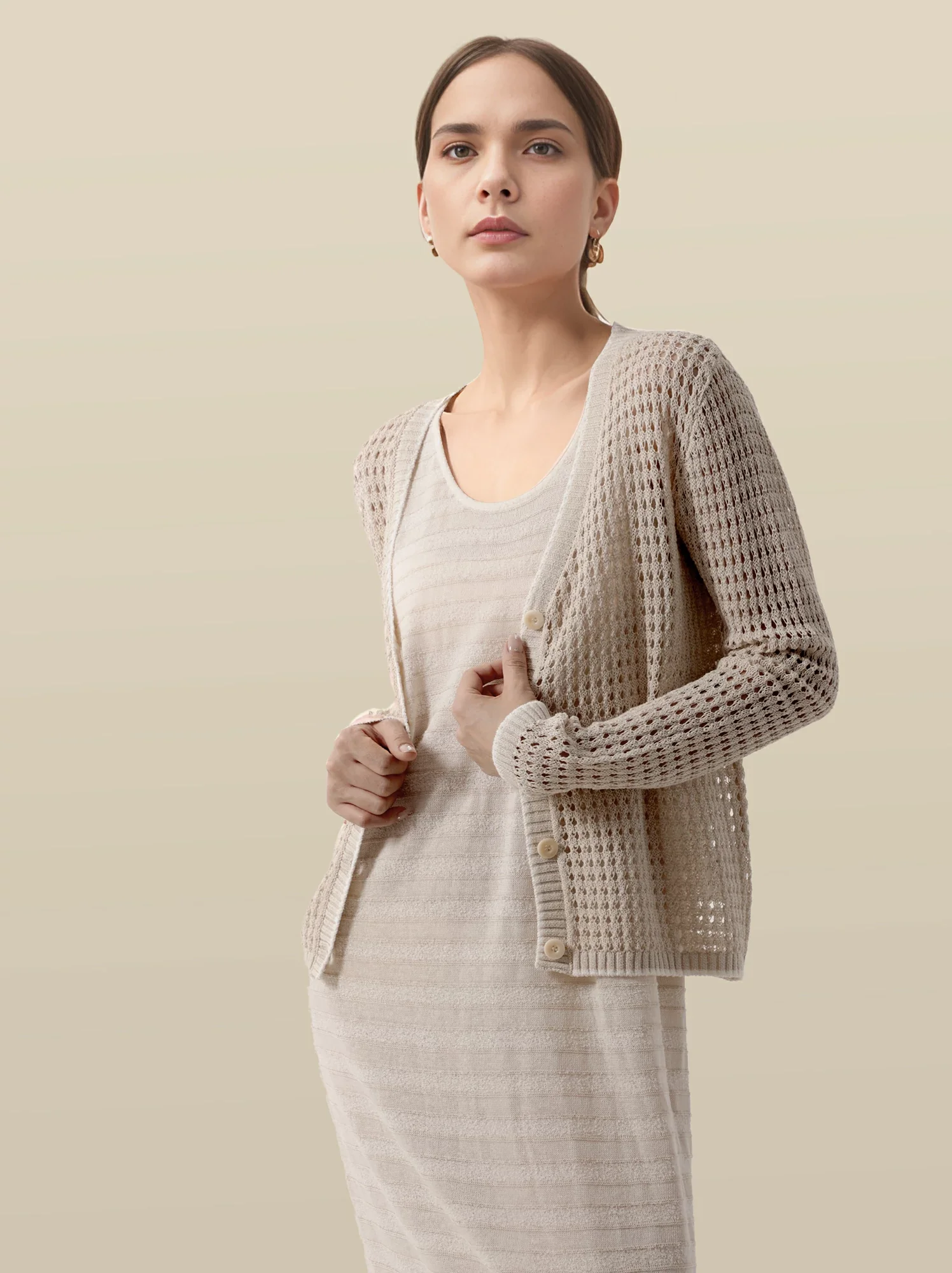 Cotton & Lyocell Long Sleeve Waffle Knit Cardigan