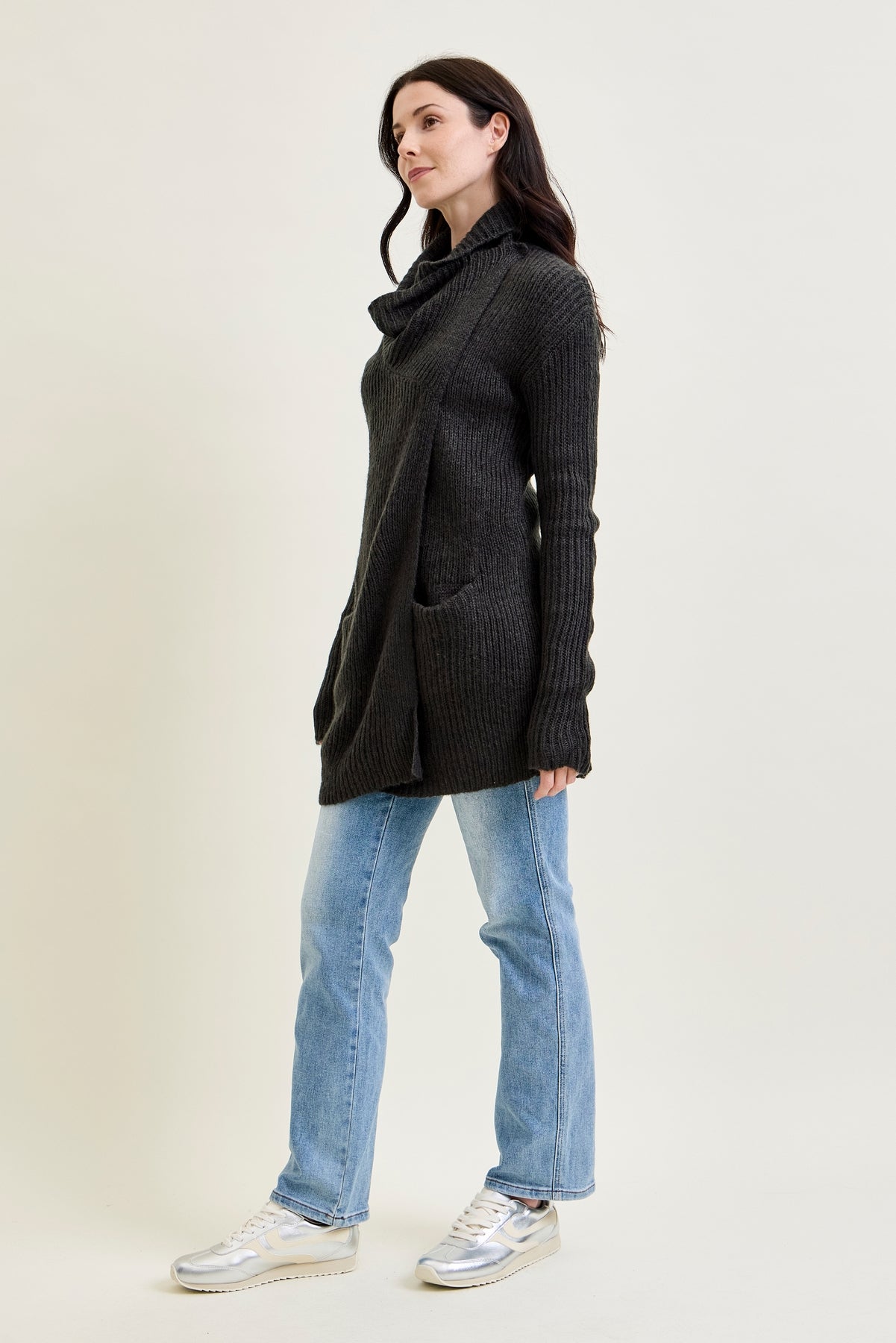 Drape Front Cardigan Charcoal Grey Sweater