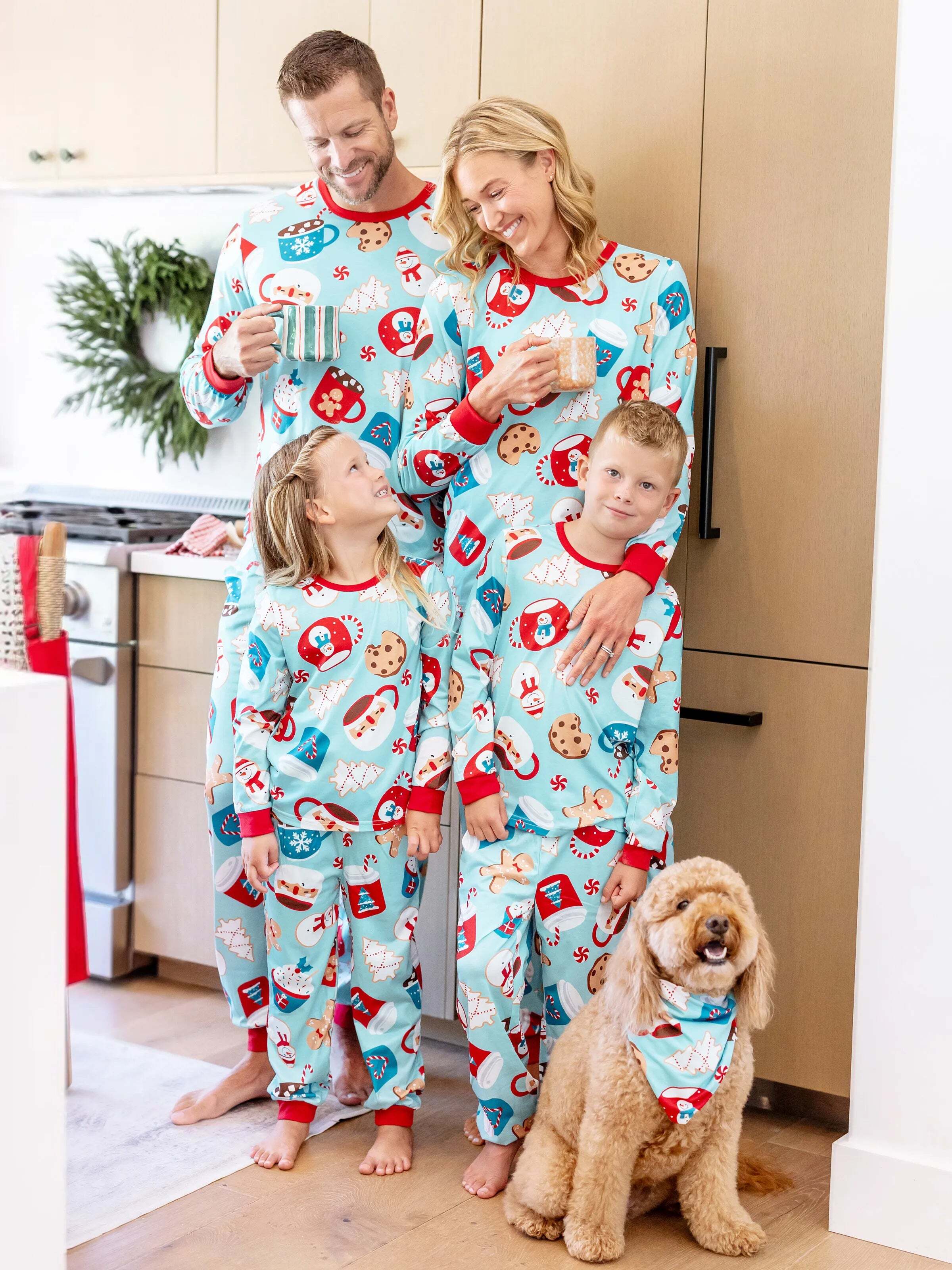 Christmas Matching Family Pajamas Set Gingerbread Print Blue and Red PJS with Christmas Socks Light Blue