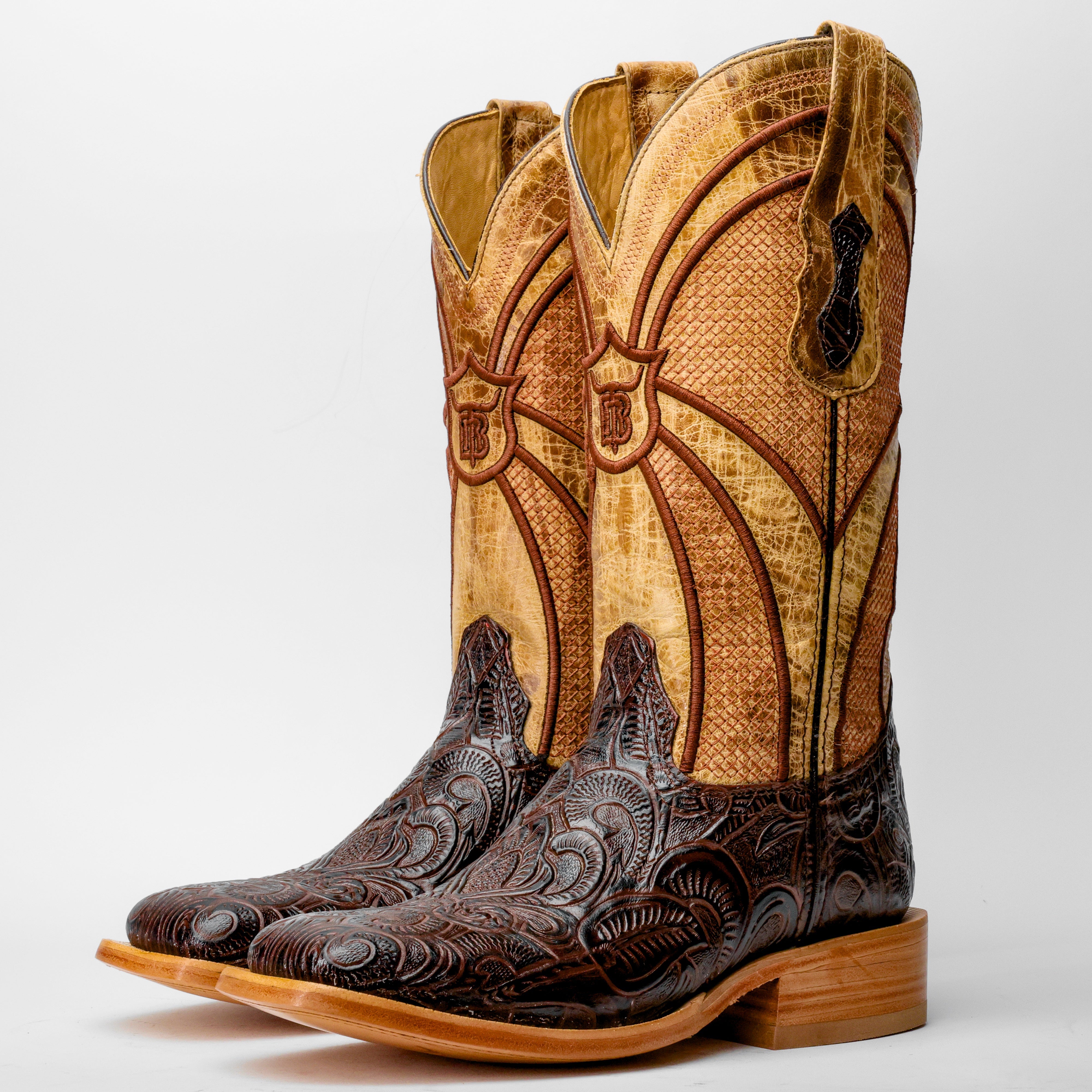 Brown Hand-Tooled Leather Boots - Square Toe