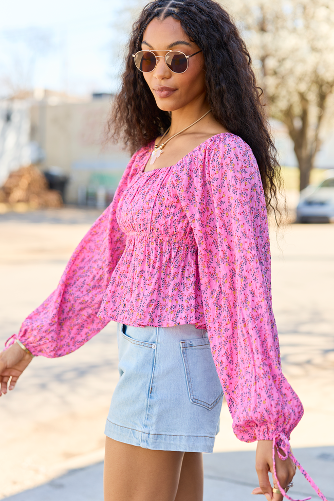 Evelina Pink Floral Ruched Babydoll Top