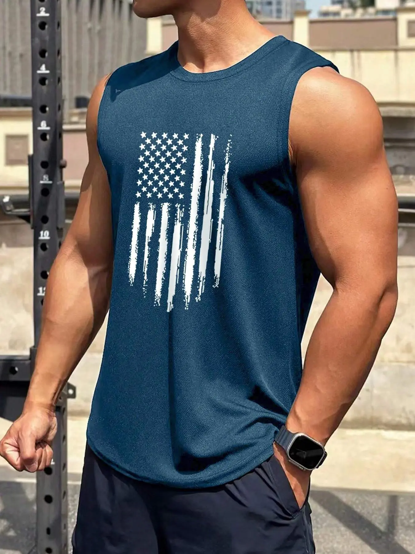 Men's American Flag Graphic Print Round Neck Tank Top Vest