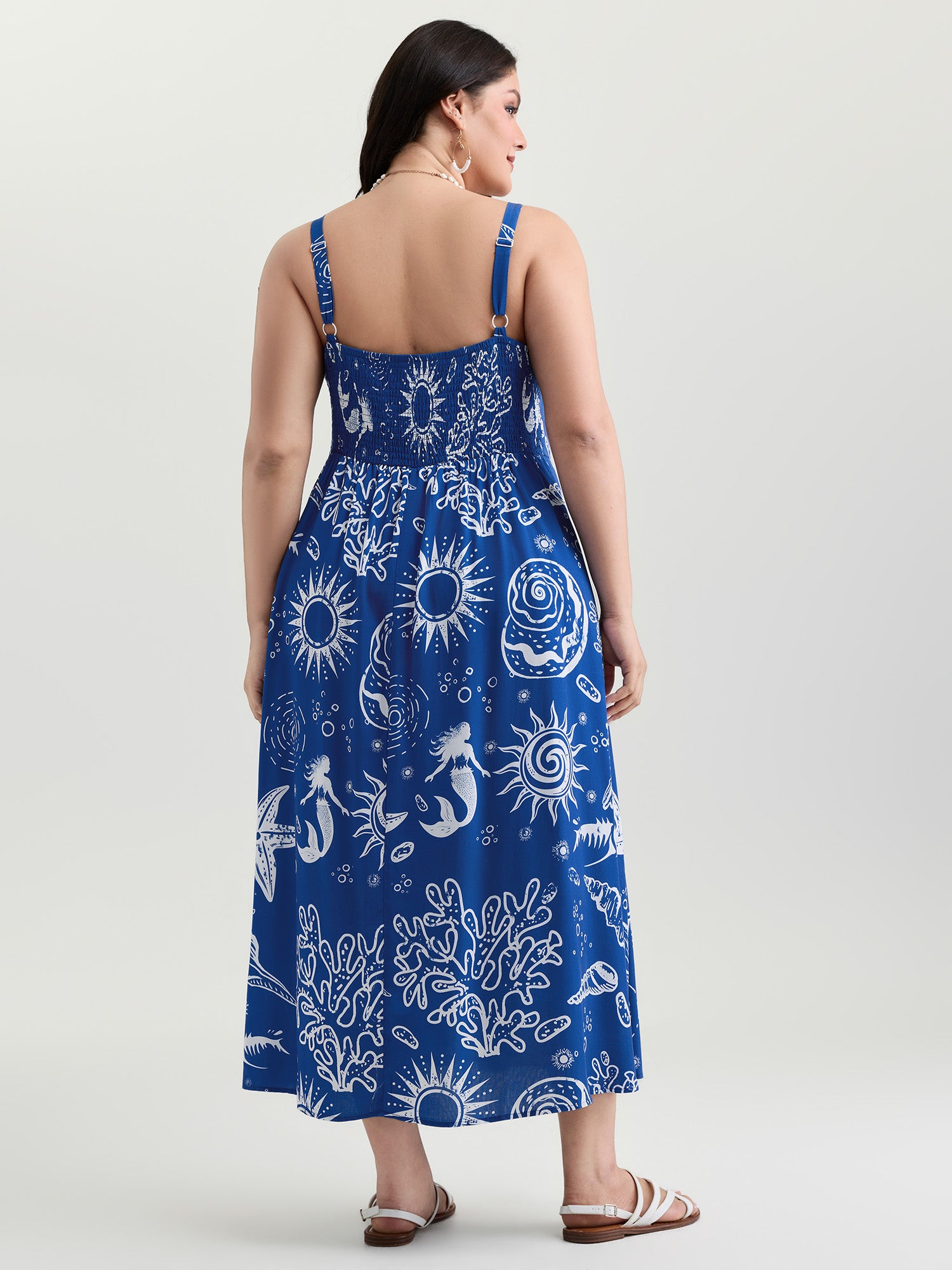 Ocean Print Shirred Adjustable Strap Maxi Dress