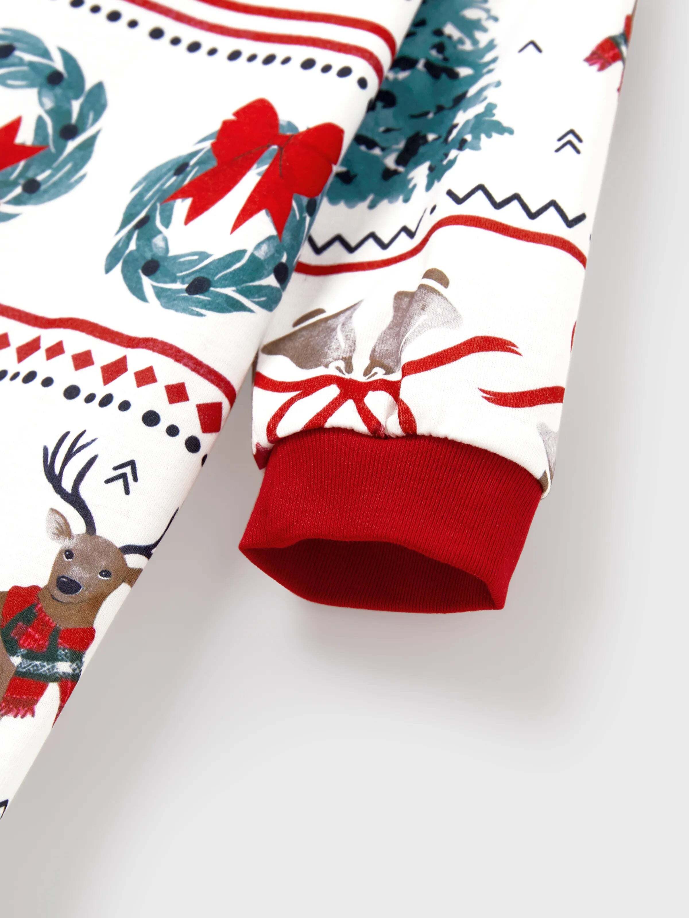 Christmas Matching Family Pajamas Set Christmas Elk and Bell Print Striped PJS with Christmas Socks White