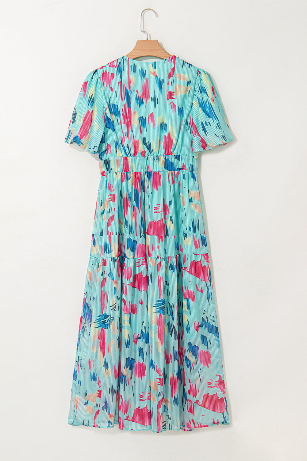 Rose Abstract Print Short Puff Sleeve Tiered Maxi Dress