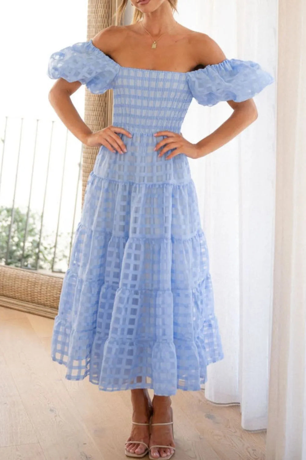 Off Shoulder Short Puff Sleeve Midi Dress