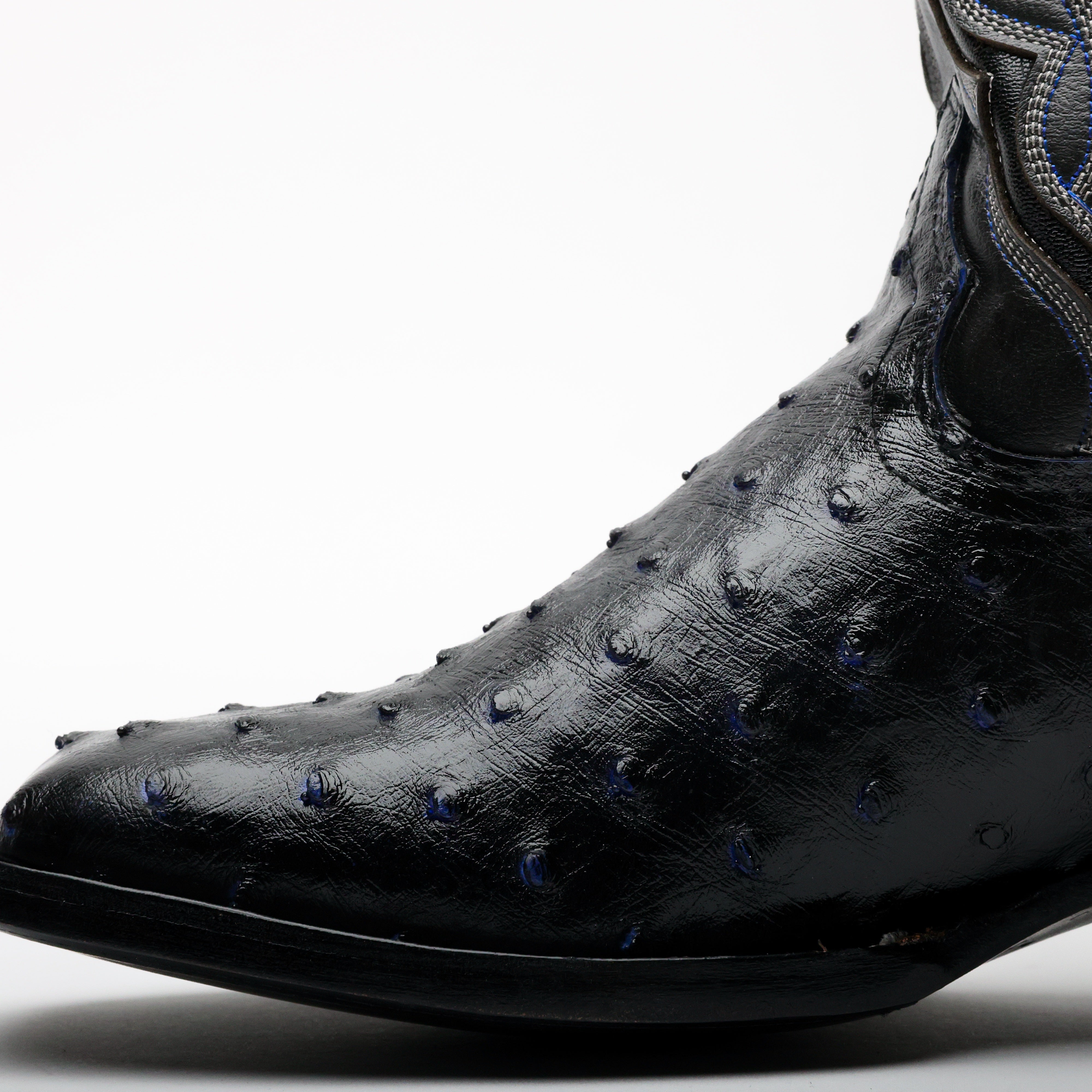Black/Blue Ostrich Leather Boots - Square Toe