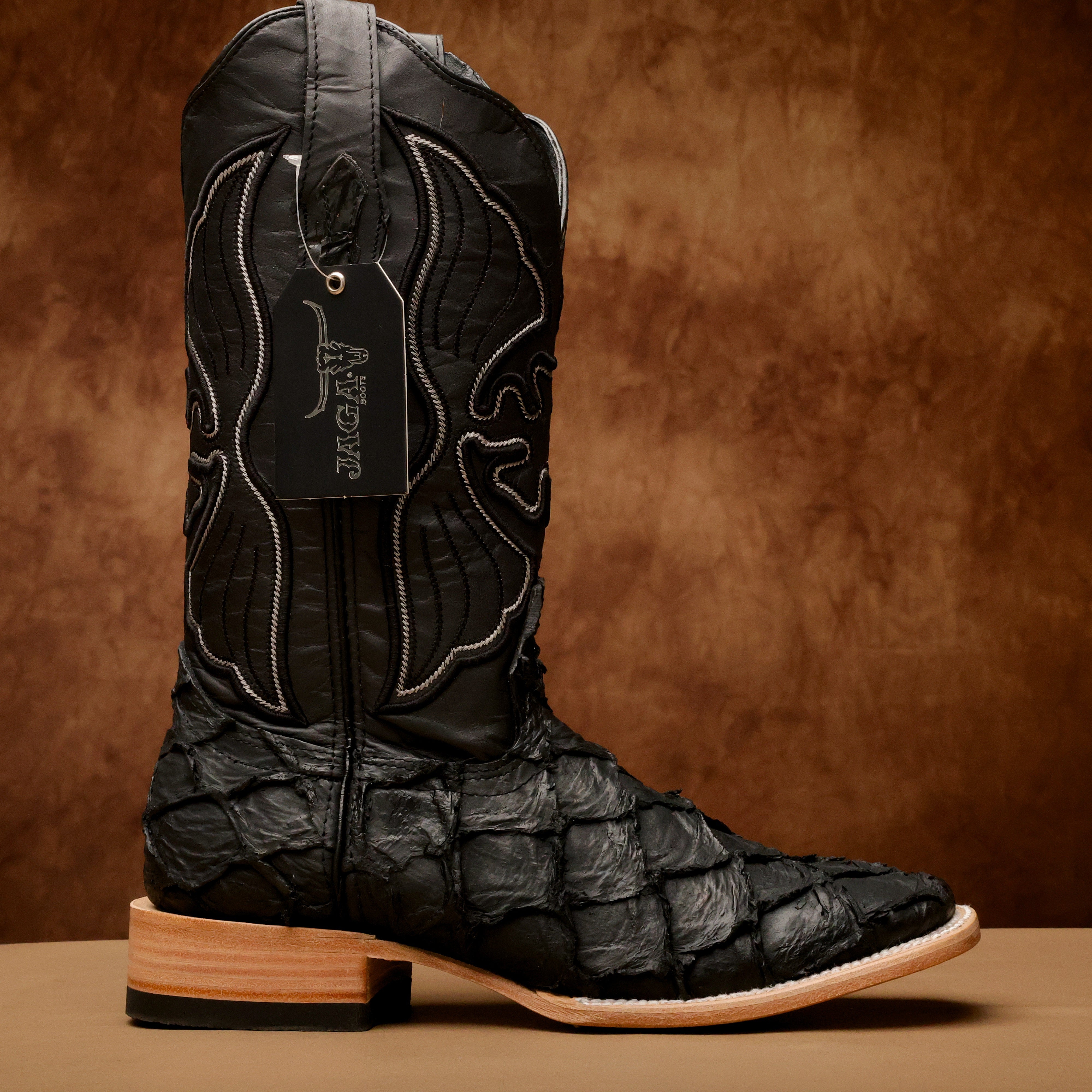 Matte Black Jumbo Pirarucu Leather Boots - Square Toe