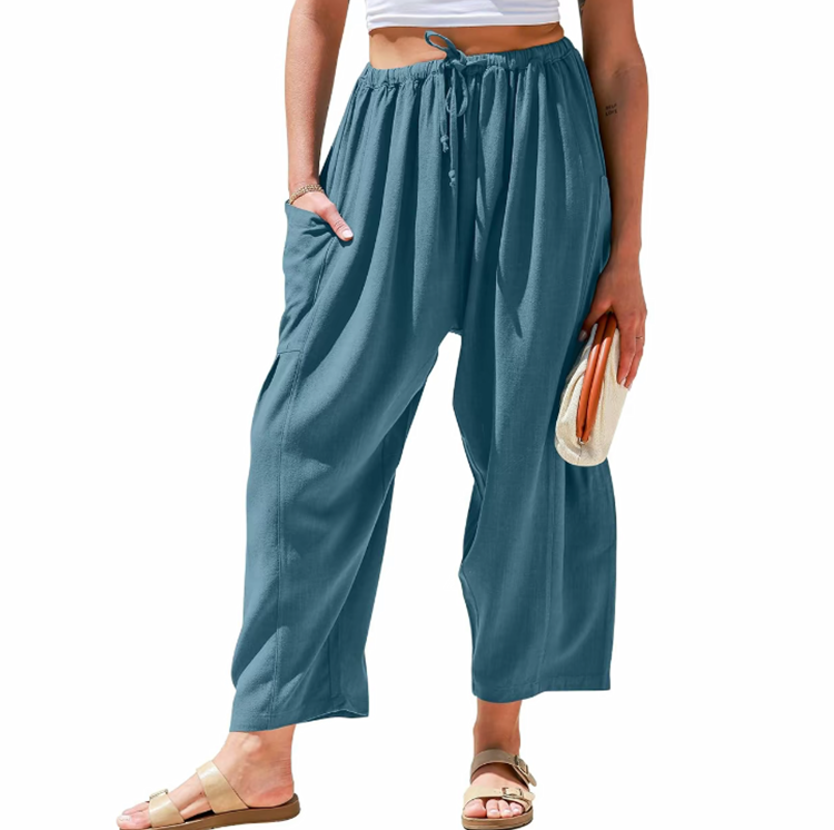 Women's Linen Casual Loose Fit Beach Palazzo Harem Trousers with Pockets