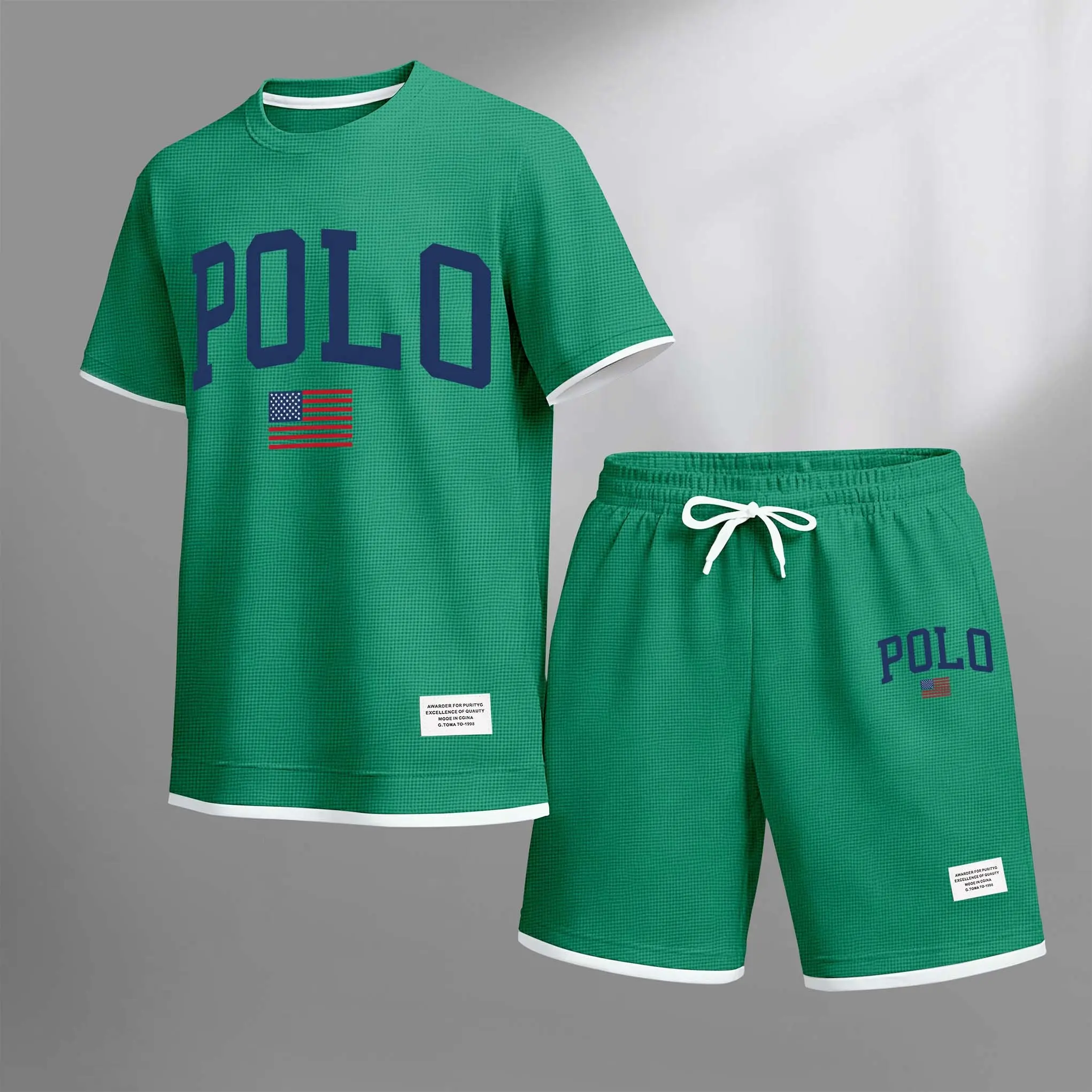 Men's Polo Print Drawstring Shorts Set For Spring/Summer- A Casual Summer Outfit, Including A Short-Sleeved Shirt And Shorts