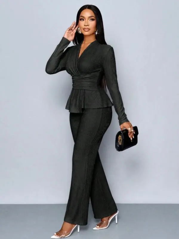 Women's Elegant V Neck Long Sleeve T-Shirt And Wide Leg Pants Two Piece Set