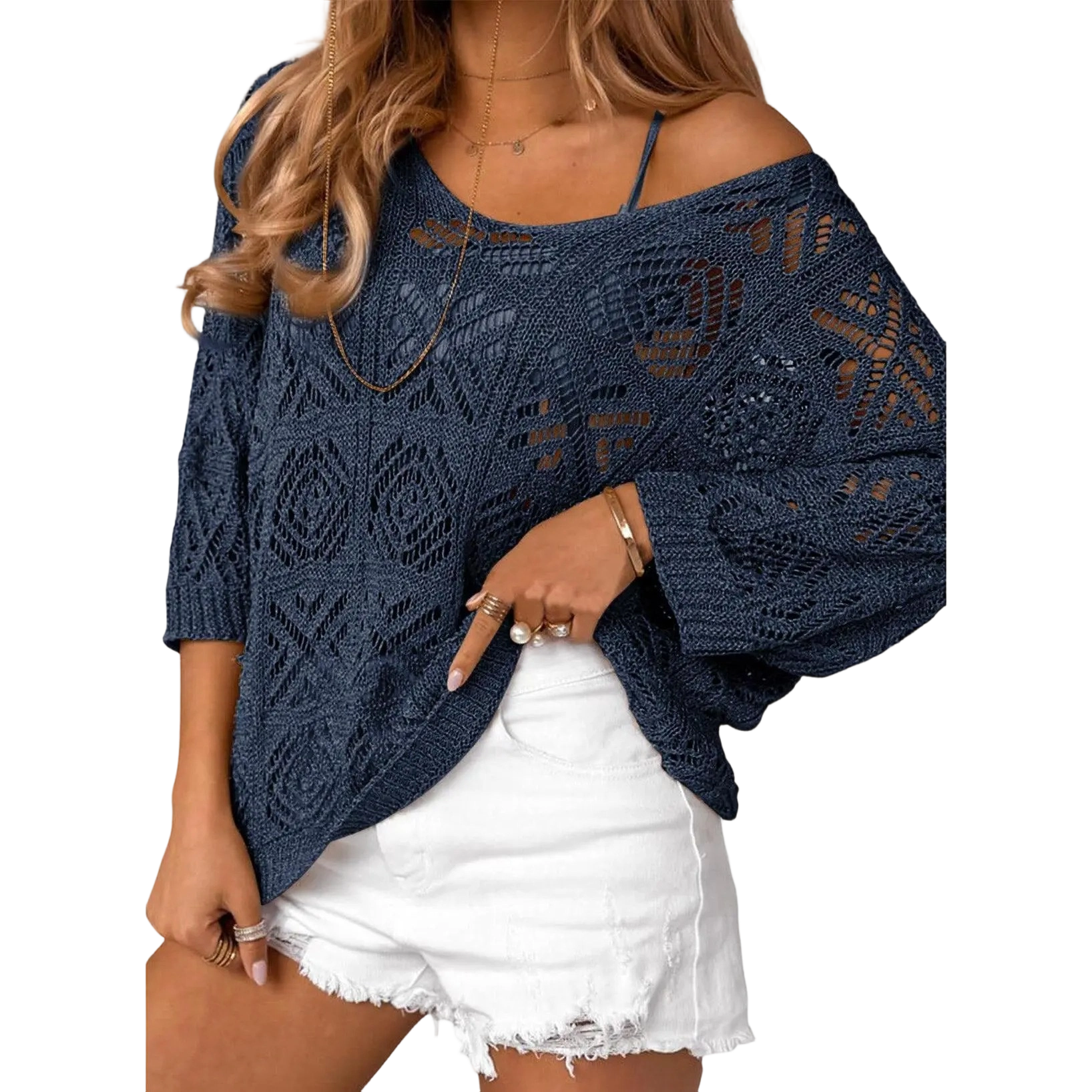 ✨ Women’s Crochet Hollow-Out Off-Shoulder Top – Lightweight 3/4 Sleeve Summer Sweater