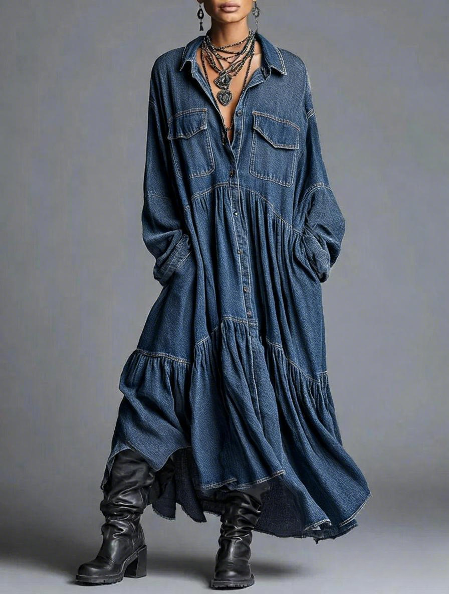 Vintage-Wash Long Sleeve with Ruffled Hem Denim Maxi Dress