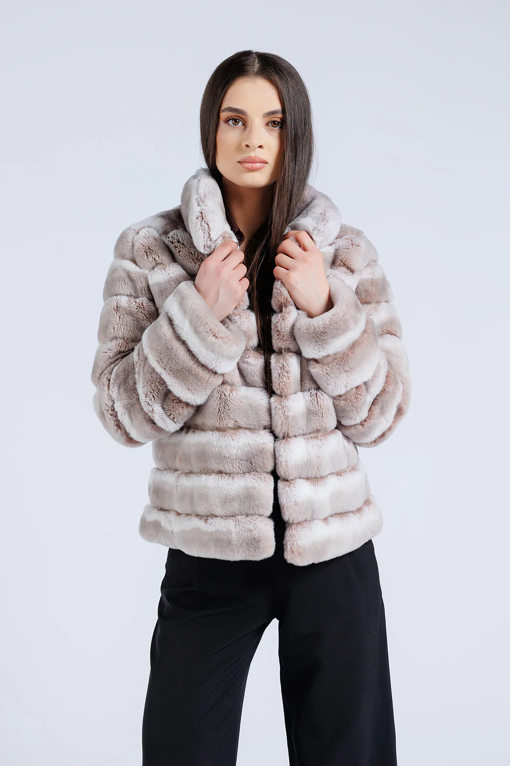 Haină din Blană Naturală de Rex Chinchilla, Guler Tunică, Femei, Pearl 179