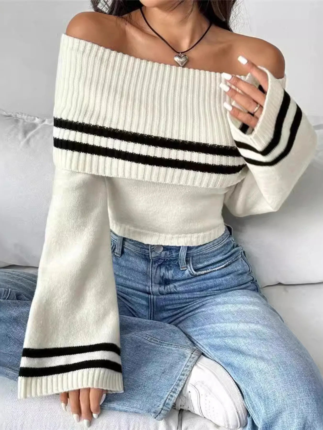 Ribbed Off-Shoulder Striped Knit Top