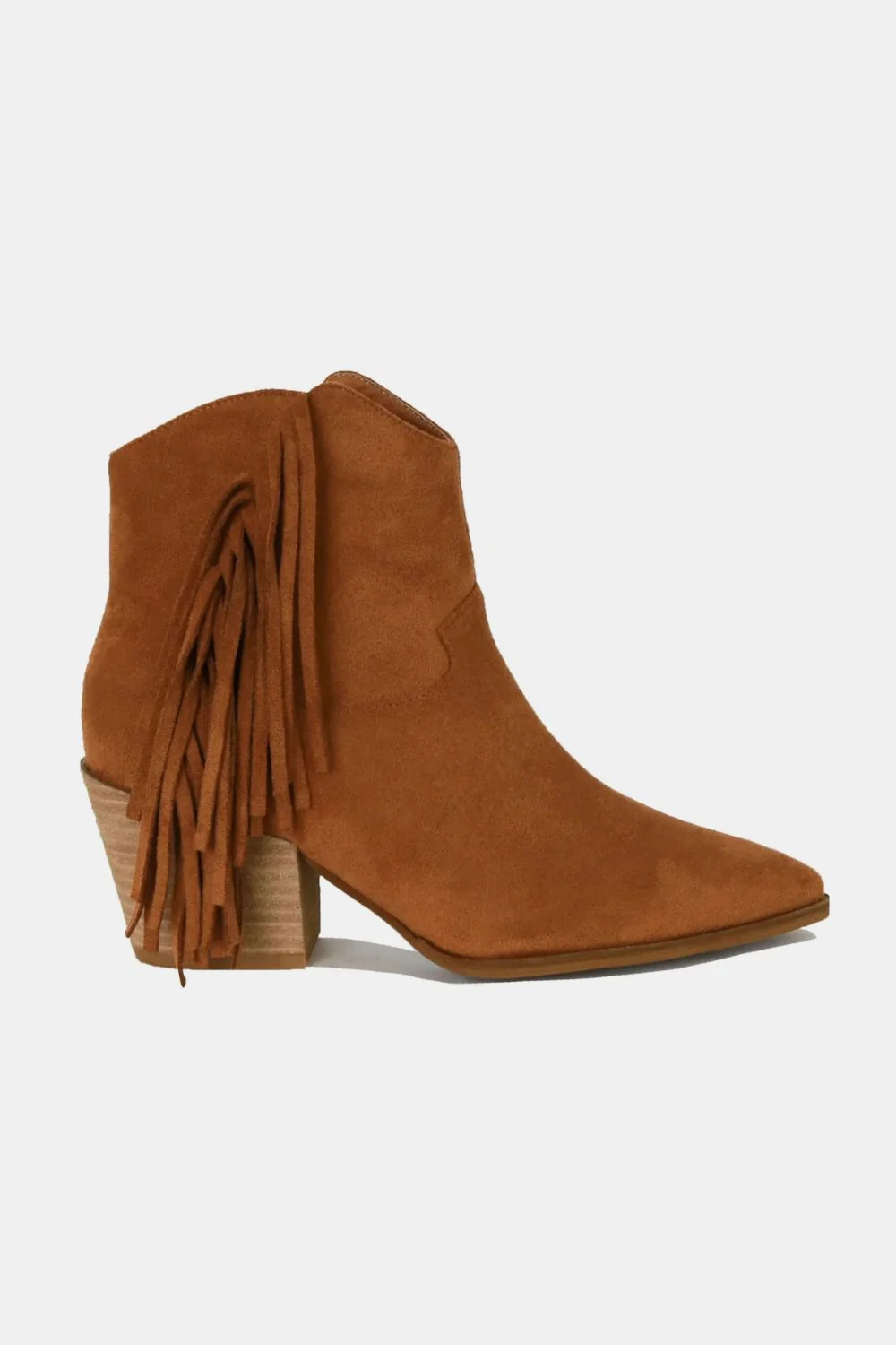 Suede Fringe Point Toe Ankle Boots in Caramel