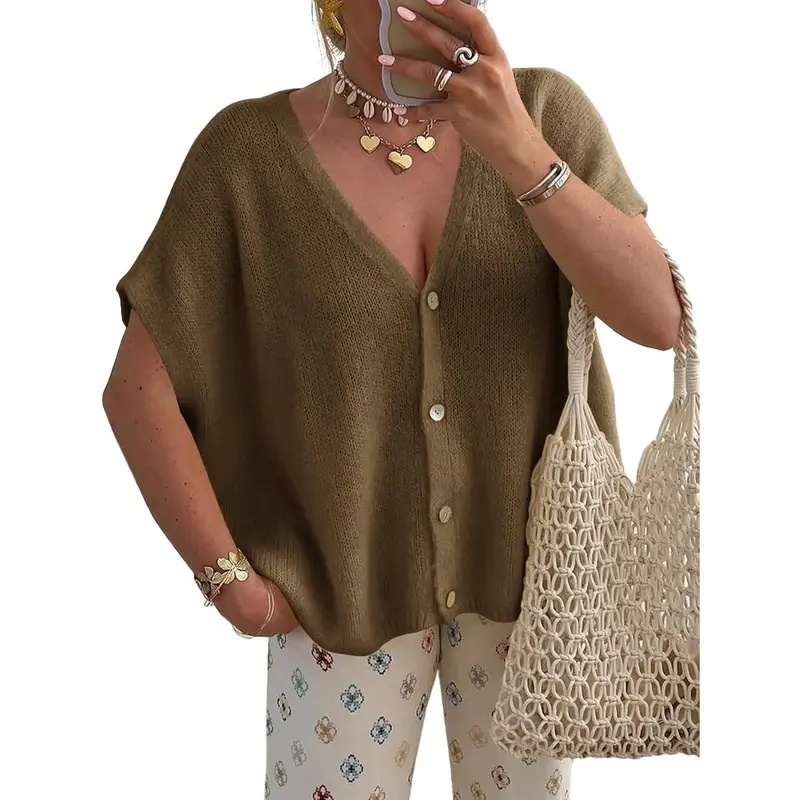 Womens Fall Oversized Cardigans Batwing Short Sleeve Lightweight Button V Neck Casual Knit Sweater Tops